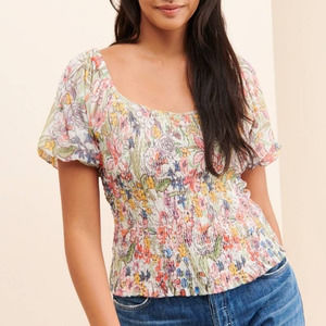 ANTHROPOLOGIE Aurelia Floral Smock Puff Sleeve Top SMALL